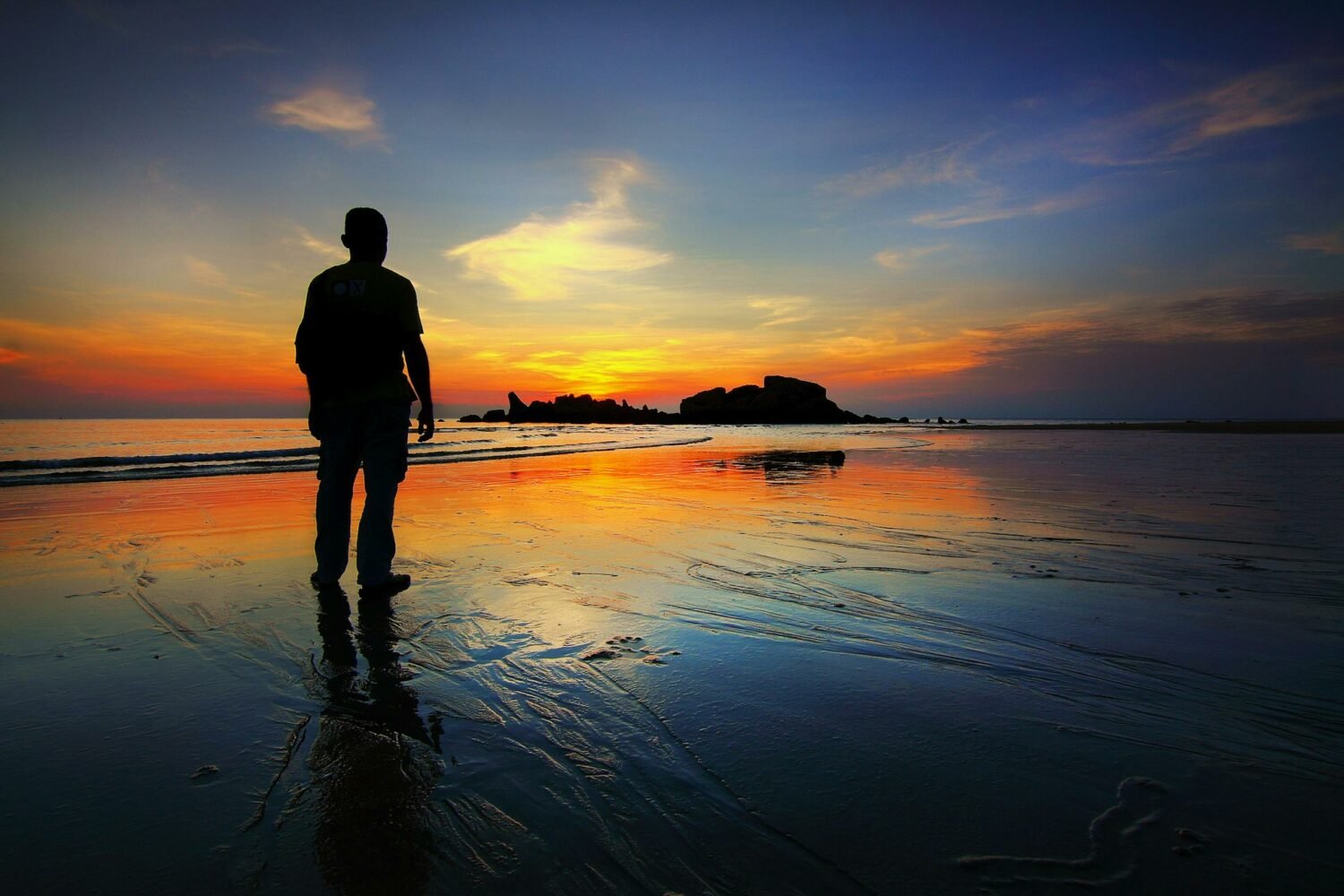 Silhouette of Man Standing on Seashore